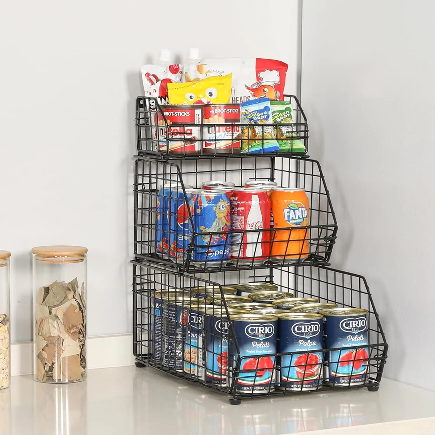 French Country Black 3 Tier Wire Basket Stand For Storing & Organizing, Eggs Pantry Kitchen Cabinet