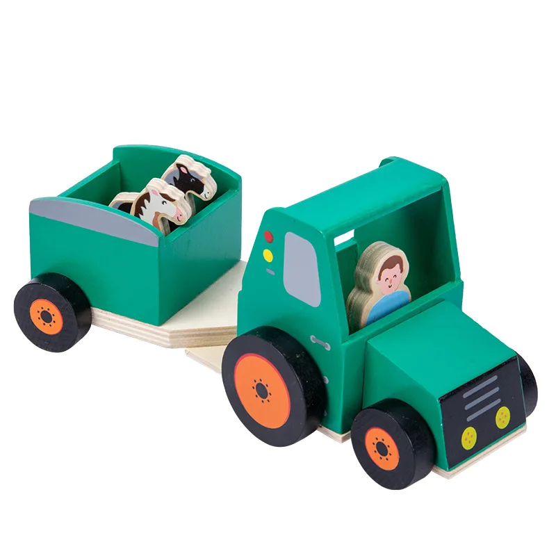 Wooden tractor with trailer  Horse Carrier Wooden Vehicle Play Set With 2 Flocked Horses