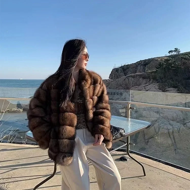 Winter Luxury Russia  New Purple Sable High Grade Sable Fur Jacket Winter Thickened Warm Fluffy Sexy  Stand Collar Faux fur coat