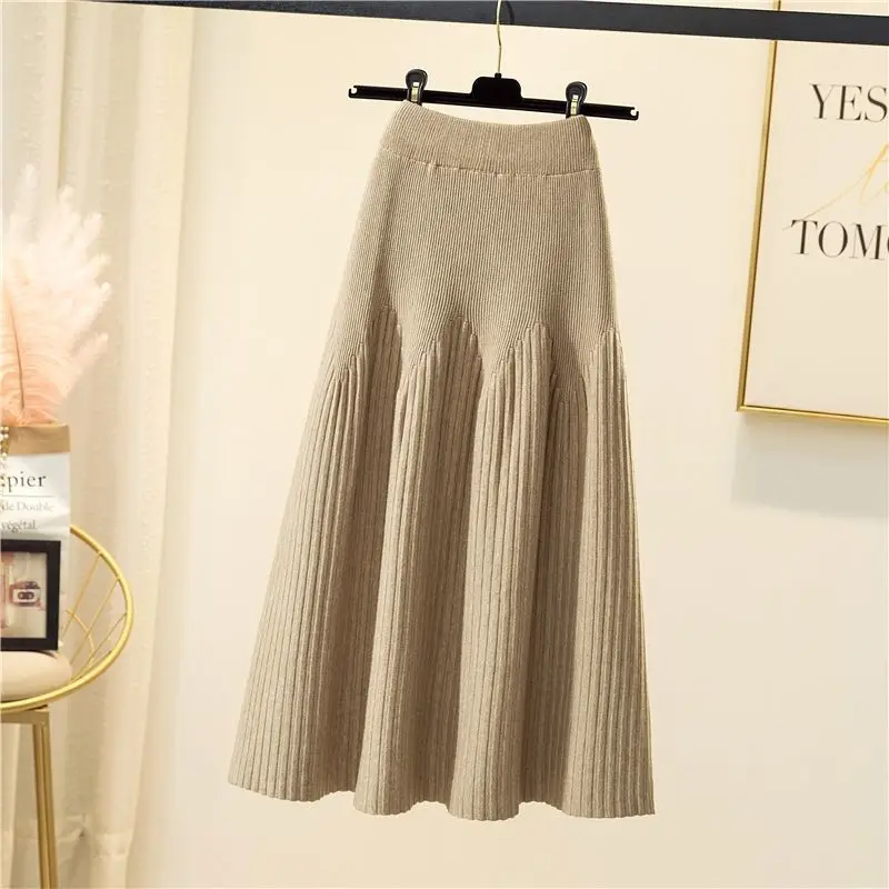 2023 Knit Skirt Midi Length Pleated Long Skirts For Women A Line Thick Slim High Quality Skirts For Women