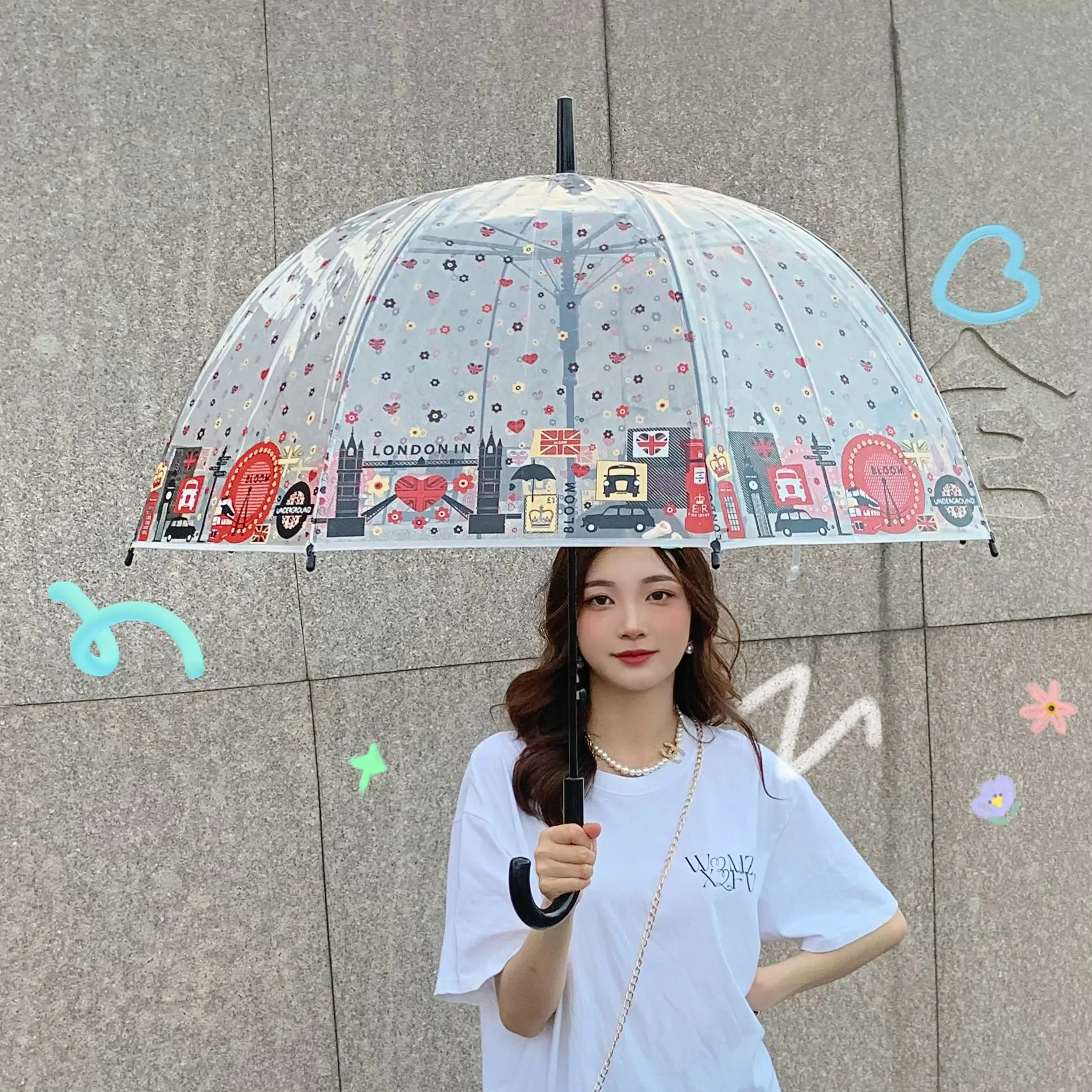 Black Rabbit Fully Automatic Transparent Umbrella Long Handle Princess Umbrella Cartoon Thickened Folding Portable Umbrella