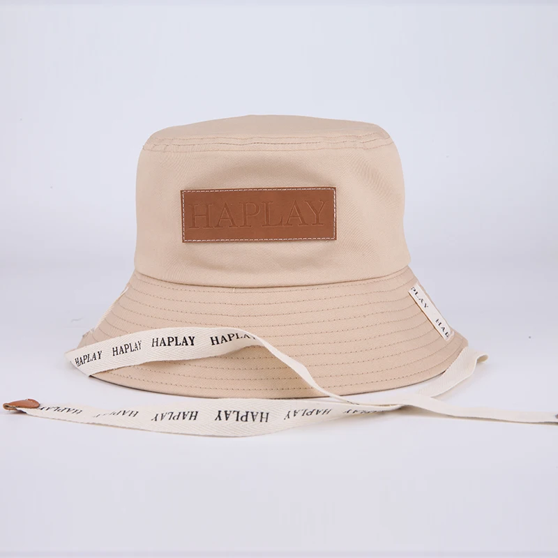 Custom leather patch outdoor fashion fisherman cap wholesale plain bucket hat with string