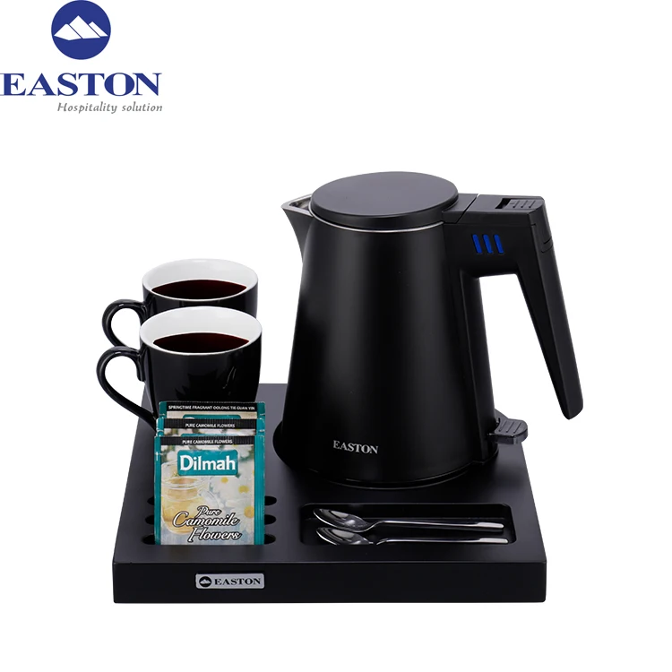 Elegant design hotel guest room coffee table set black kettle with matching holding tray