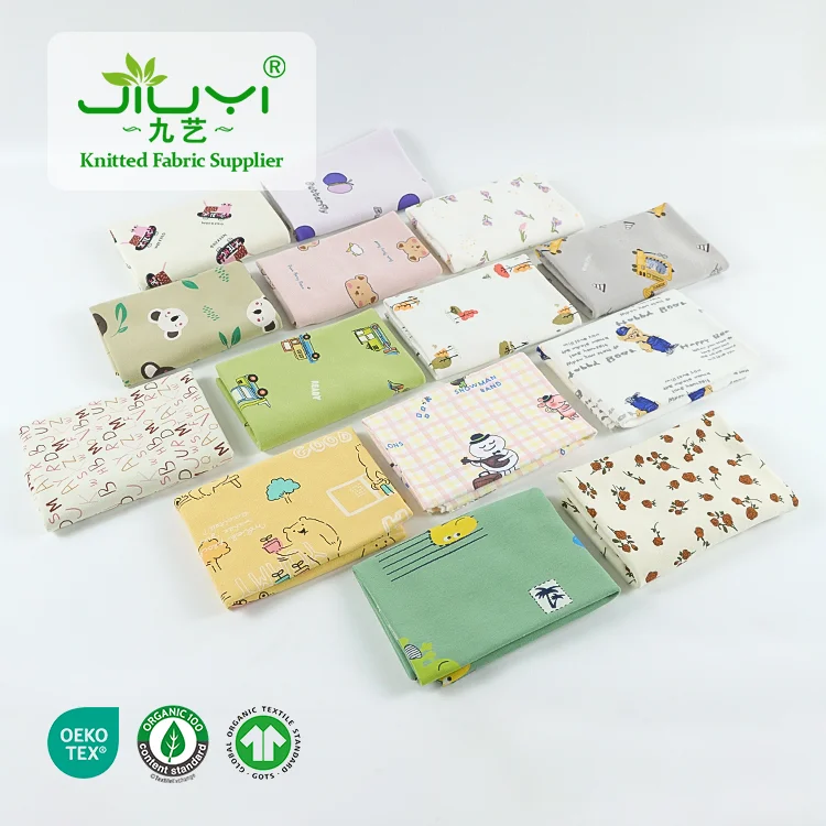 Eco-friendly soft custom pattern cartoon printed kids 95% c 5% sp cotton spandex brushed knit fabric for kid clothes bedding
