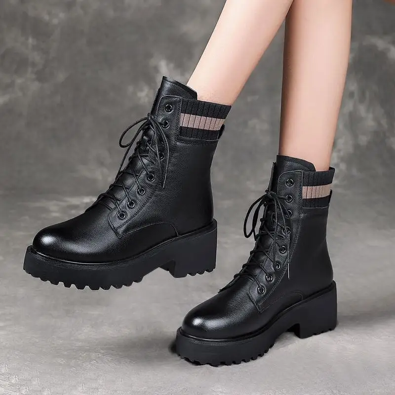 Xuanhui Hot Selling  fashion warm snow boots Platform Thick Bottom Ankle Boots black leather boots for women