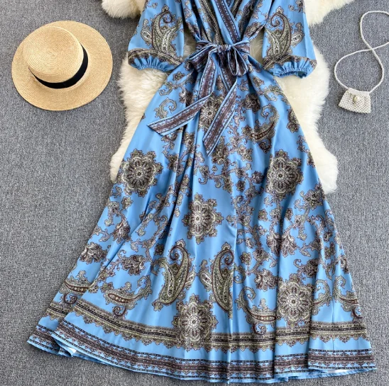 European and American INS new print long holiday skirt V neck tie waist dress women