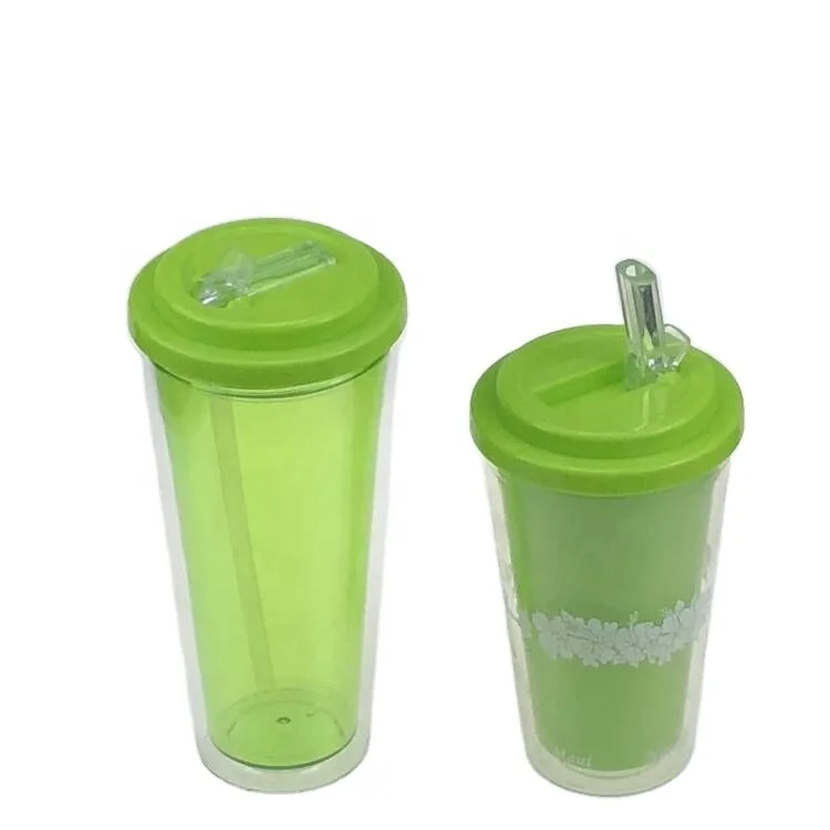 2019 new style plastic high PS initiative double-deck  cup with straw lid 350ml 500ml