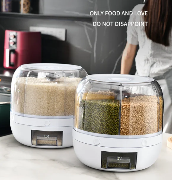 Dispenser Storage Box Rice Dispenser Kitchen Moisture Proof 6 Grid Rotating Food Grain Dispenser Cereal Rice Container