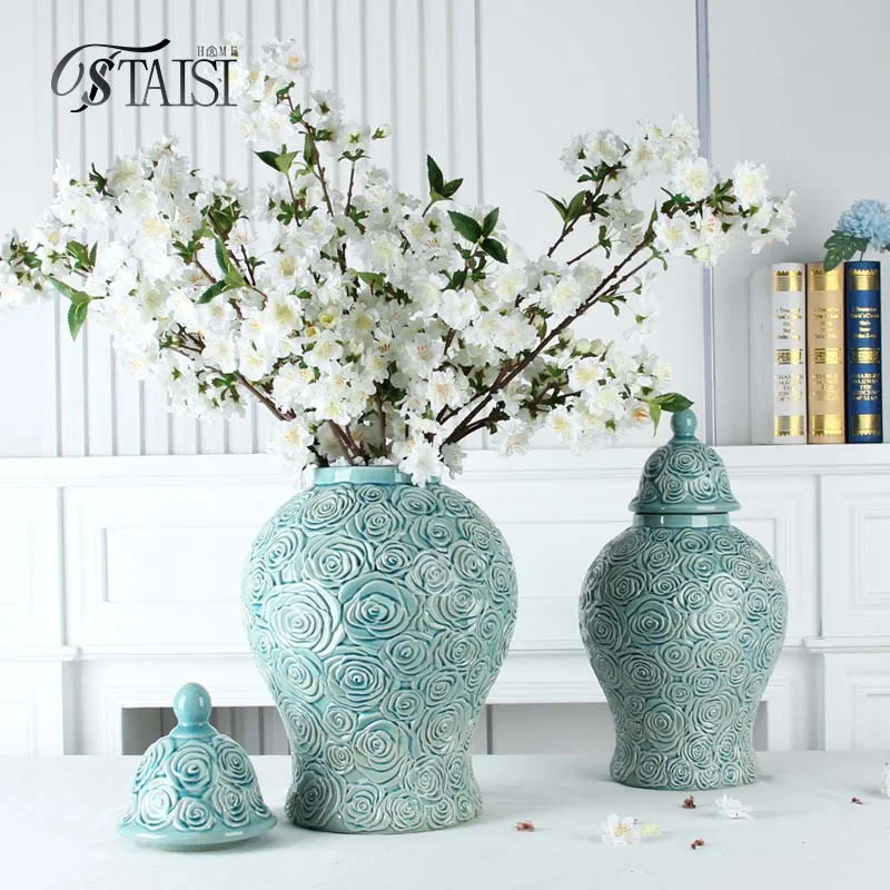 J324LBA 15 inch ginger jar vase for hotel lobby decorative vases for home decor ceramic ornament embossed rose vase