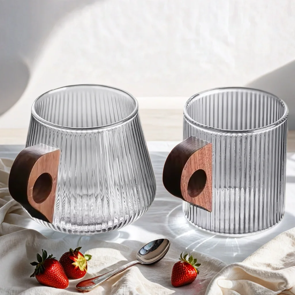 280 450ml European stripe classical high borosilicate glass coffee tea cup with wooden handle juice Milk water Cup household