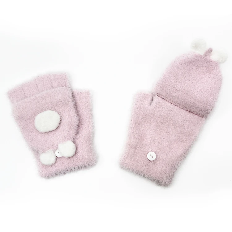 Convertible Flap Cover Kids Knitted Warm Faux Mink Fur Fingerless Mitten with Rabbit Designed Cover Pink