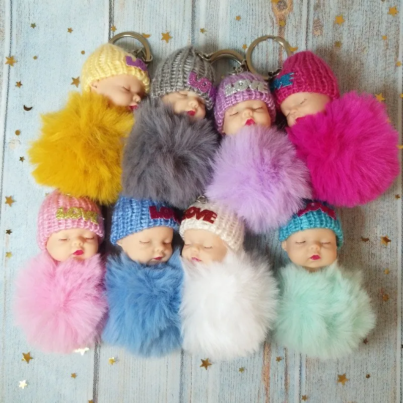 Wholesale 3D Doll Keychain Plush Mini Sleeping Baby Keychain Women Bags Hanging Key Ring
