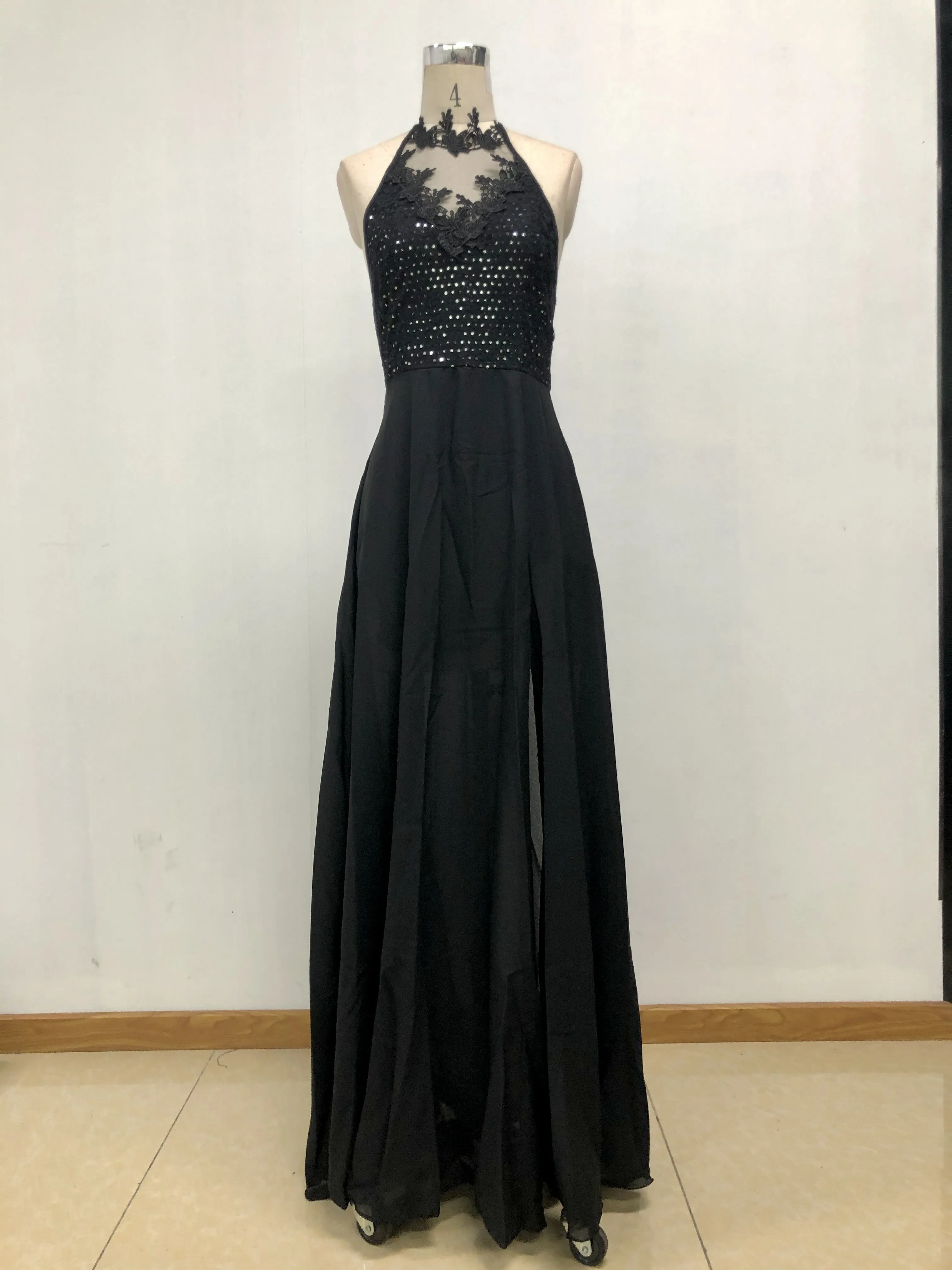 long prom dress applique halter sleeveless split chiffon girls bridesmaid dresses Slit Long Dress