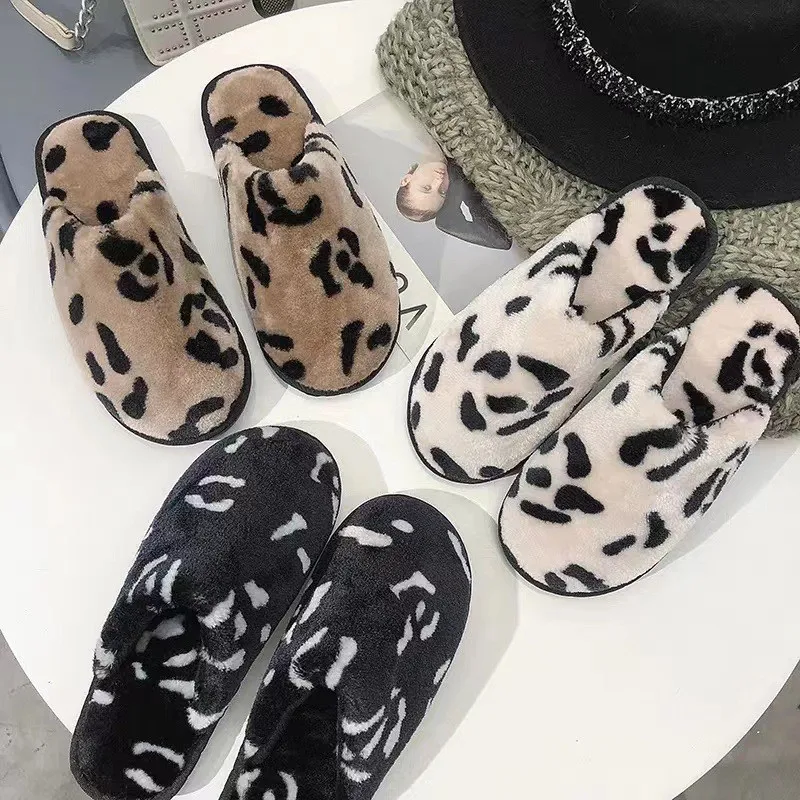 Popular Women Home Fur Slipper Leopard Pattern Autumn Winter Indoor Fluffy Sandals Non-skid Slides Plush slippers