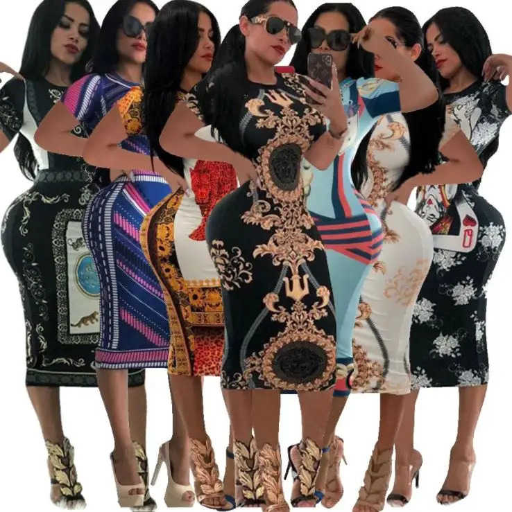 African New Design Bodycon Ankara Printed Female Dresses Short-sleeve Long Dress Multicolor Sexy Africa Clothing For Women