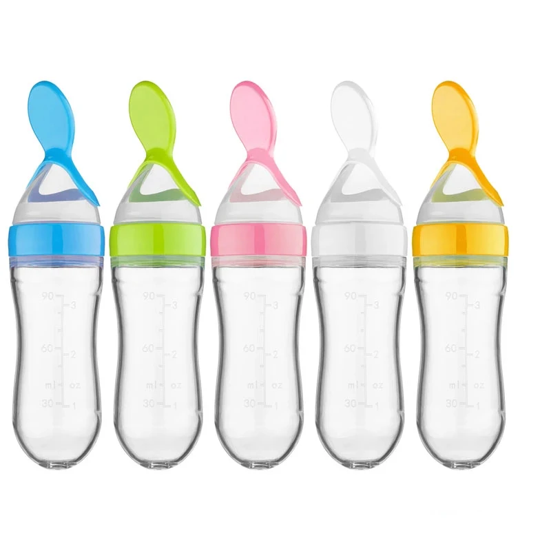Hot Popular 90ml Baby Cereal Squeeze Silicone Feeder Bottle With Spoon Feeder