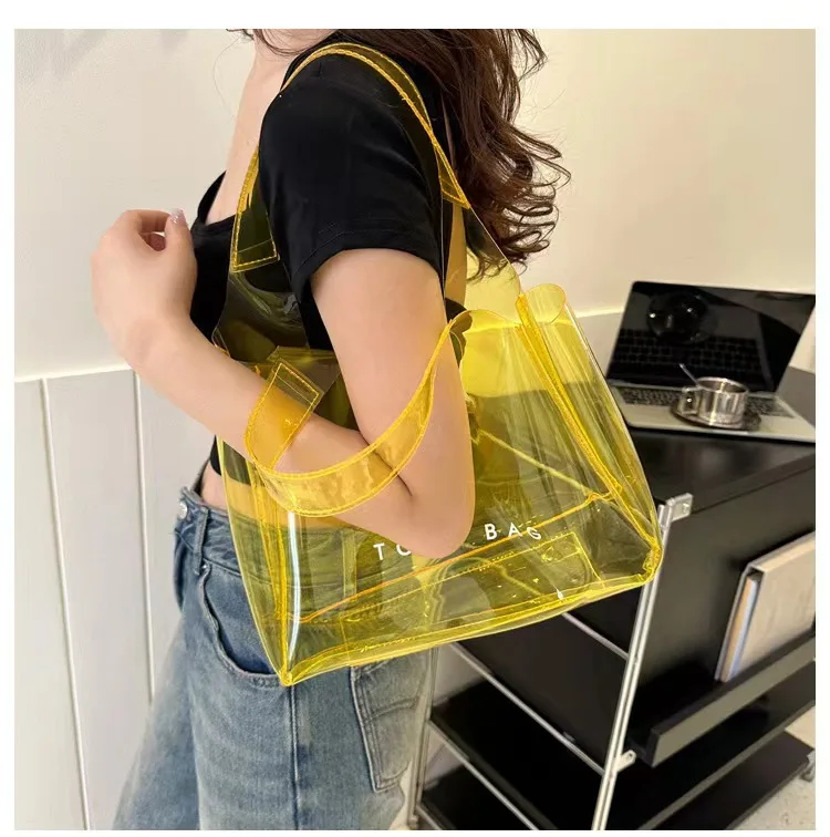 Custom logo small jelly white color transparent PVC waterproof shoulder tote bag with snap button