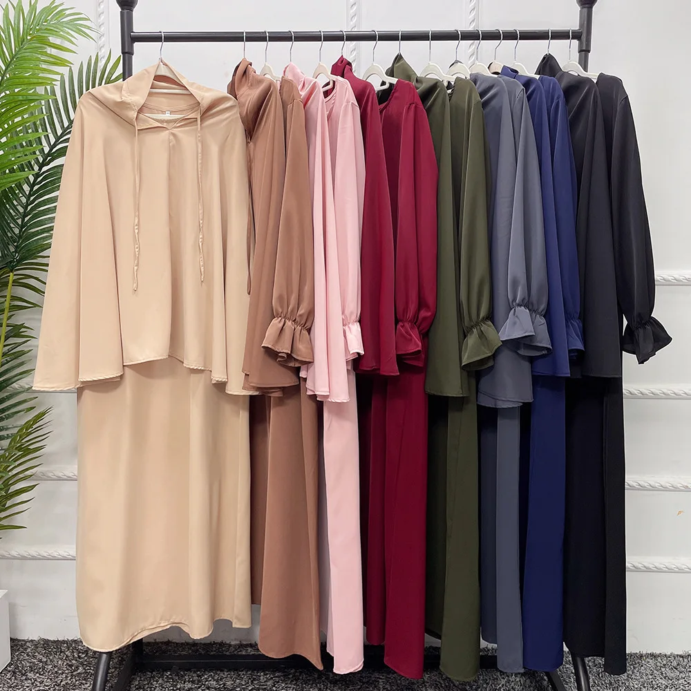2022 Muslim Women Hijab Dress New Prayer Long Sleeve Two Pieces Set Islamic Jilbab Abaya