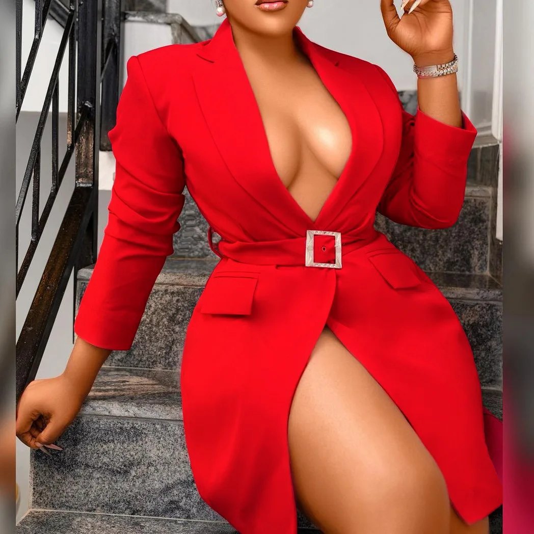 Korean Style Trendy Blue Long Sleeve Suit Jackets For Women Sexy Deep V Suit Dress Coat Ladies Cardigan Blazers Dress With Belt