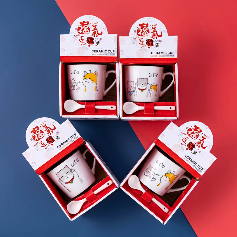 package gift box wholesale cheap ceramic cartoon animal coffee mugs with spoon