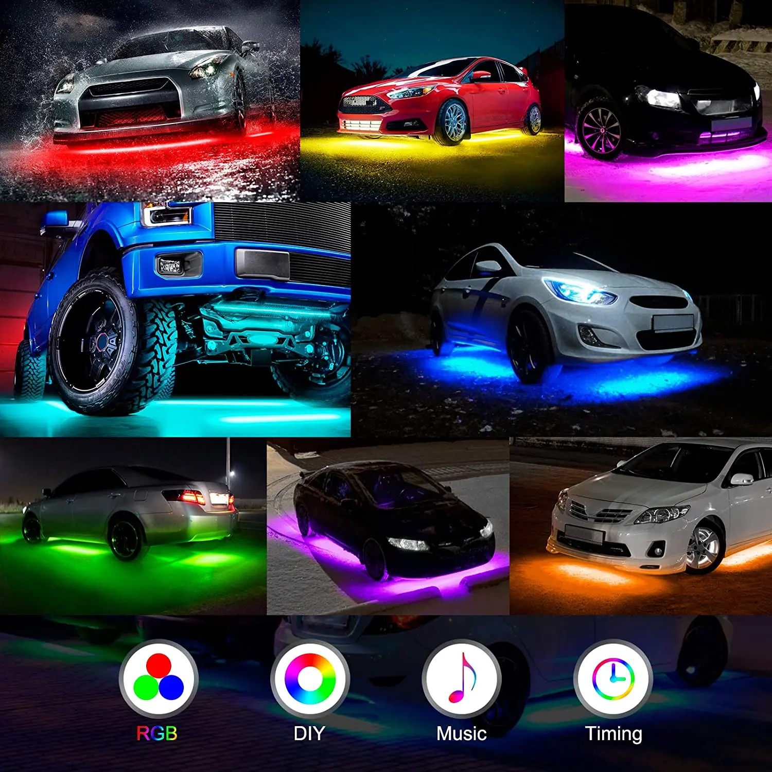 Car Underglow Neon Accent LED Strip Lights App Control RGB Auto Exterior Underbody Decorative Ambient Atmosphere Lamp