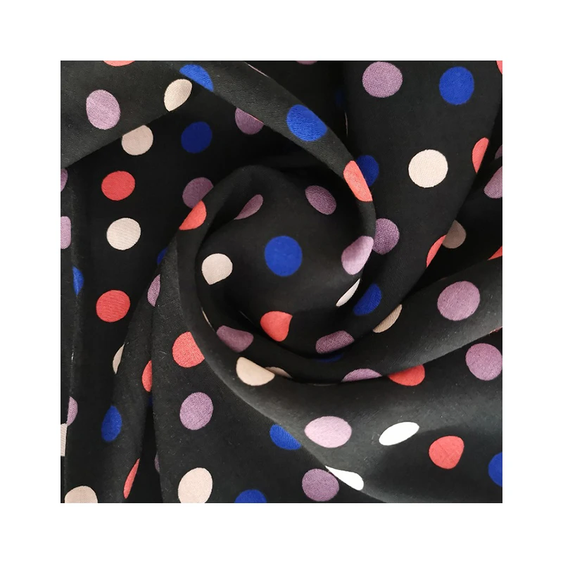 new arrival rayon voile black ground color  discharge printing colors dots women dress fabric
