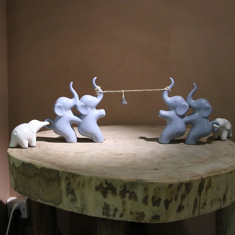 Exclusive Exquisite Creative Cute Desktop Decor Mini Animate Cartoon Ceramic Elephant Tug of War Indoor Decor