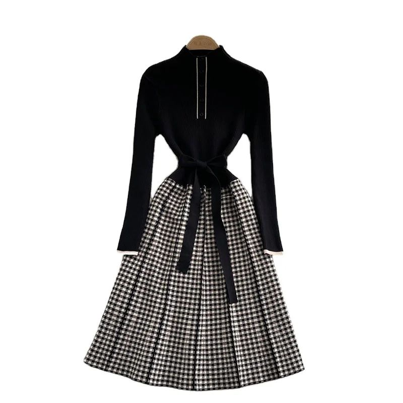 Autumn Winter France Classic Chic Sweater Patchwork Grid Print A-Line Bandage Lower Hem Knitted Dress For Women