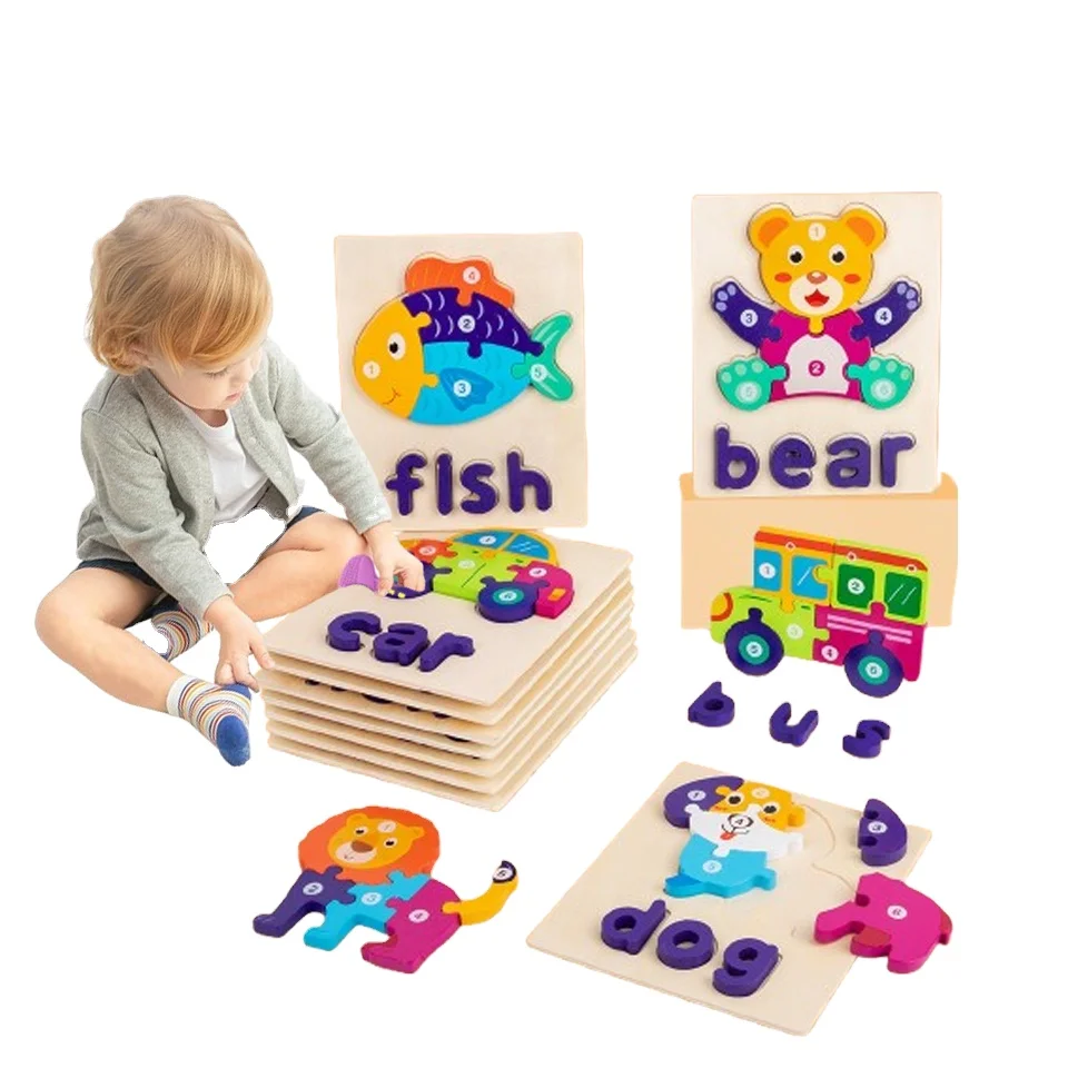 Wooden 3d Animal Puzzle Children Early Education Word Puzzle Game Intelligence Development Puzzle Wood Toys For KidsDigitalcolor