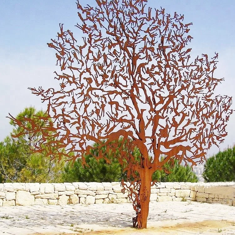 large rusty modern abstract tree design with figure corten steel sculpture for garden park yard street decoration