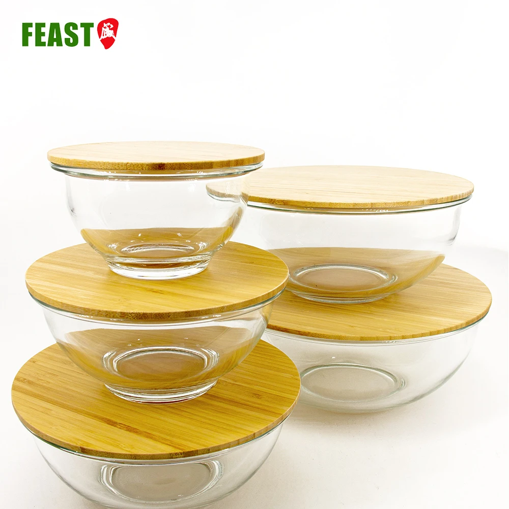 5-piece Factory direct price glass bowl set fruit vegetable salad bowl Glass bowl set With Bmaboo Lid