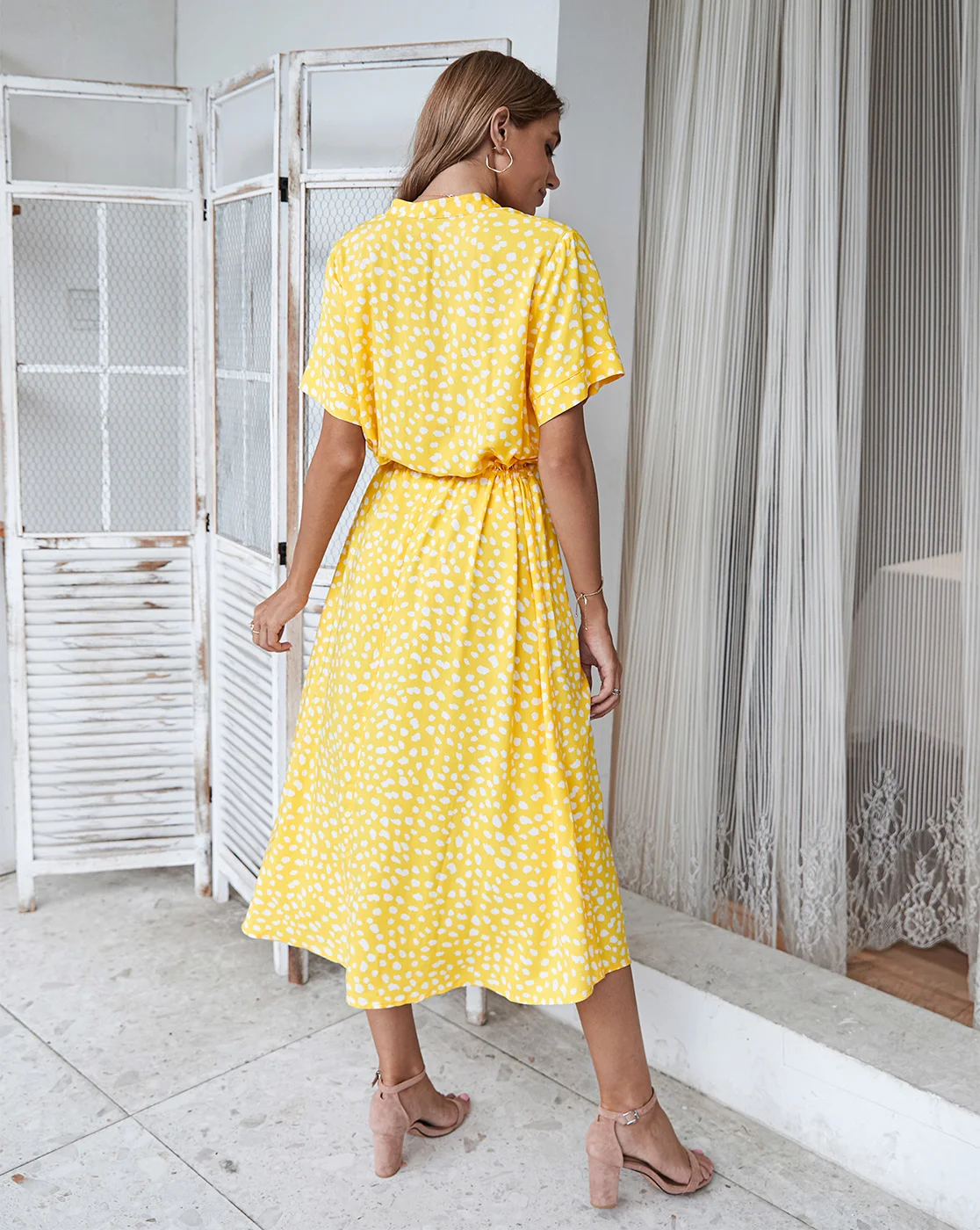 Women 2022 Short Sleeve Spring Summer Polka Dot Drawstring High Waist Midi Dress A Line Calf Length Casual Dresses