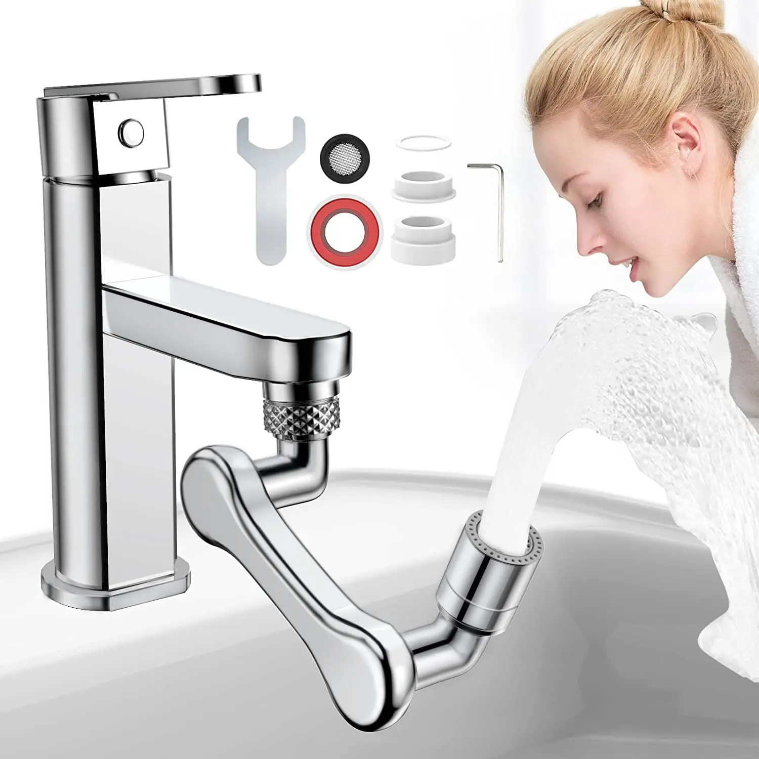 Universal Robot Arm 1080 Degree Rotating Faucet Extender with 2 Function Aerator