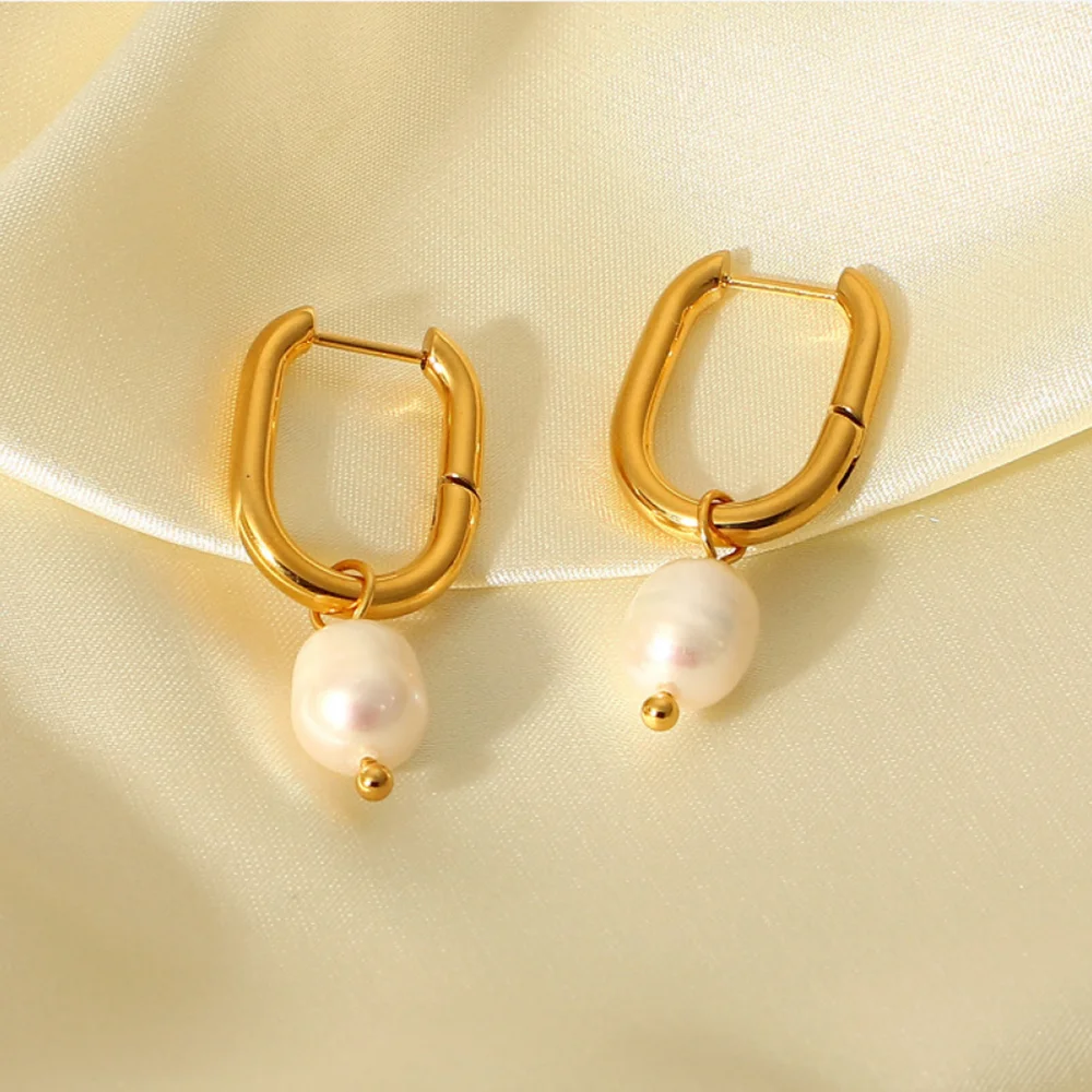 Fashion Boho Freshwater Pearl Drop Earrings Wedding Jewelry Stainless Steel 18K Gold White Pearl Hoop Earring