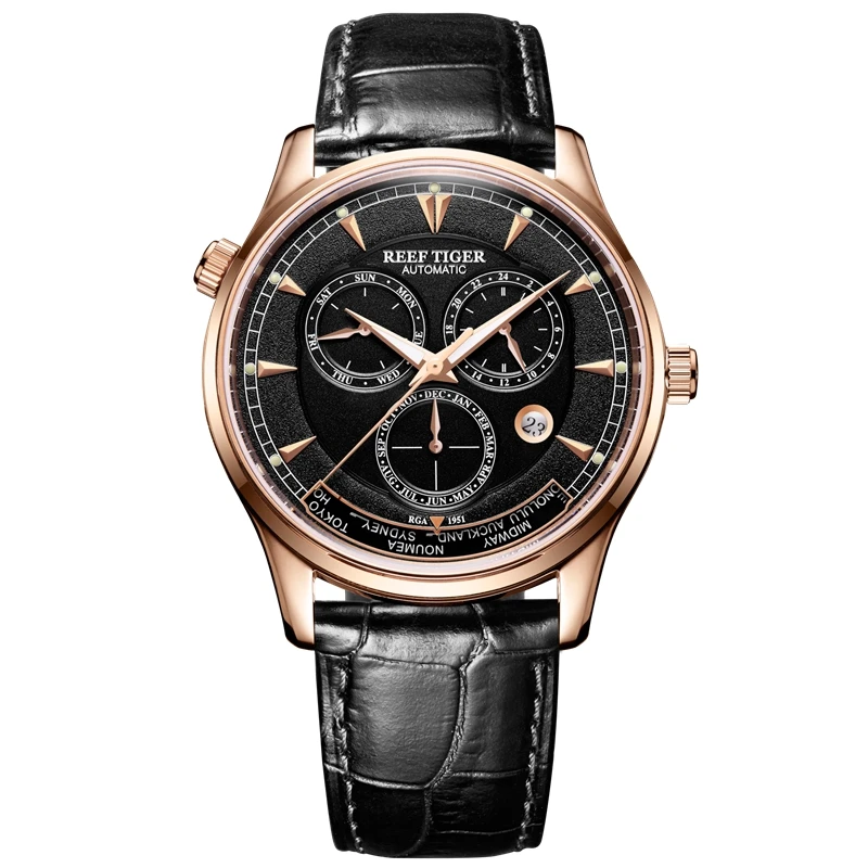 
Reef Tiger Automatic Wristwatches Men Watch With World Time Black Dial Black Bracelet Rose Gold Watch Case RGA1951 