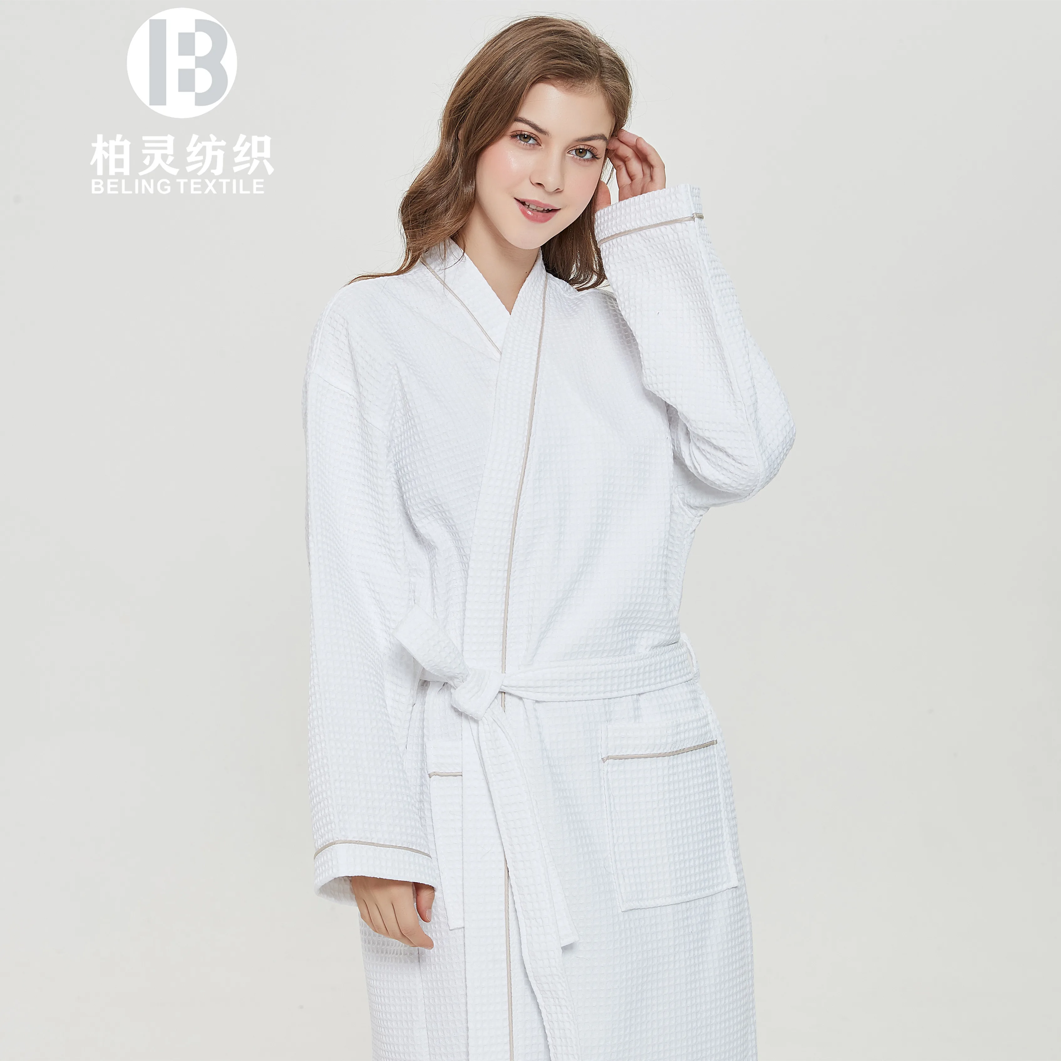 Low MOQ Polycotton waffleLuxury Hotel Bathrobes Embroidery Logo Women Robes Spa Robes Kimono stye Spa Home Hotel use