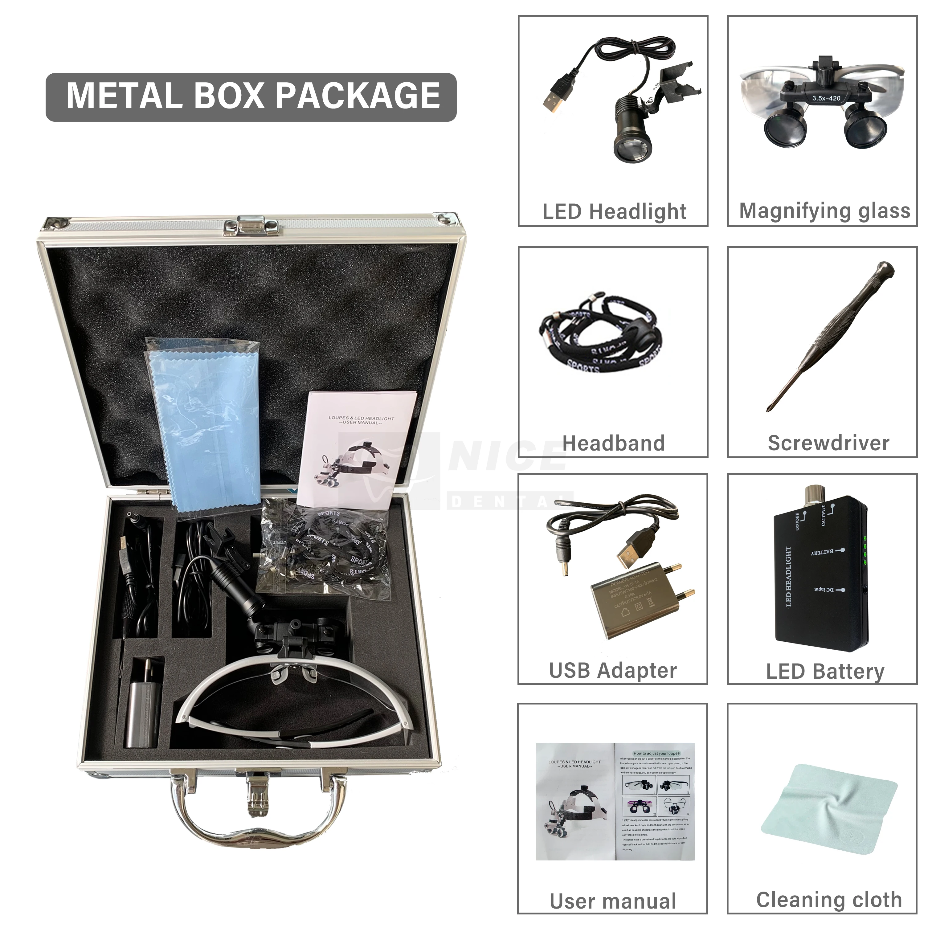 Binocular Dental Loupe 2.5X3.5X Magnification With 5w Headlight LED Headlamp Spotlight Rechargeable Lithium Battery