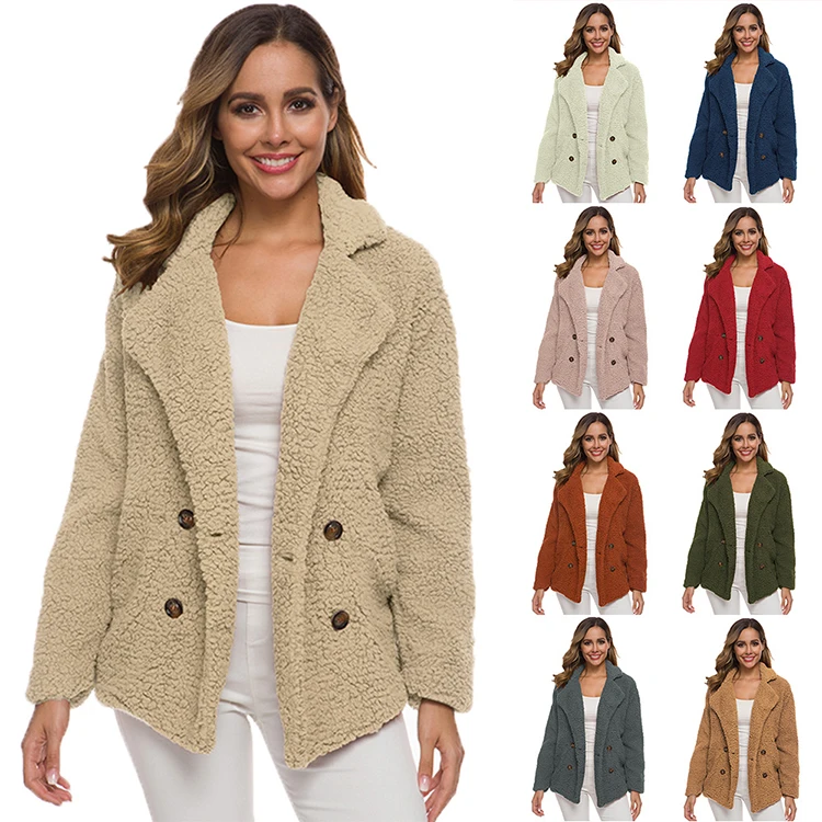 Plus Size Customized Design Button Pocket Lapel Jacket Women Warm Loose Wool Cardigan Winter Coats Outerwear