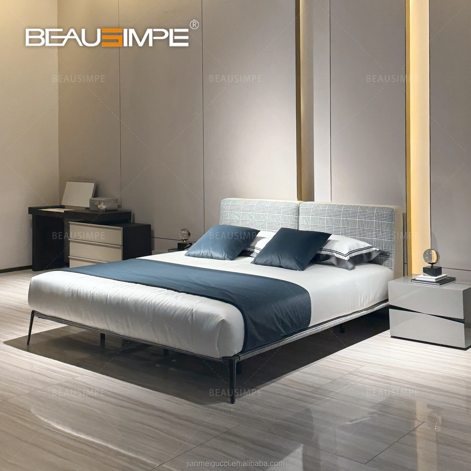 Upholstered bed composed of two cushion headboard with light  bed frame in lacquered metal linear design fabric genuine leather