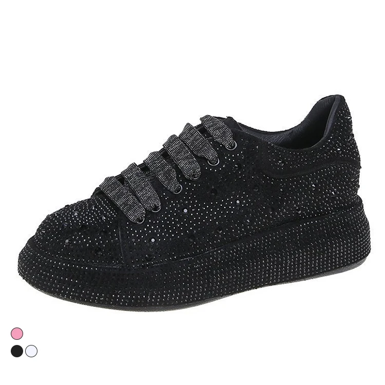 Fashion lace up bright casual walking style female chunky platform rhinestone ladies sneakers shoes for women
