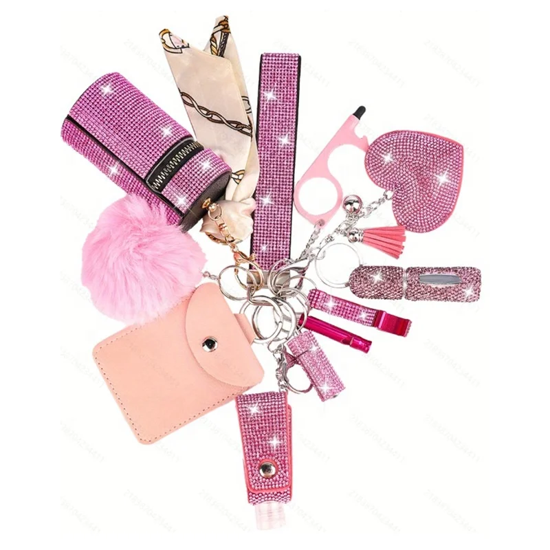 Wholesale Women Self Defense Supplies Rhinestone Bling Personal Self-defense Tool Keychain Set Custom Girl Self Defense Keychain