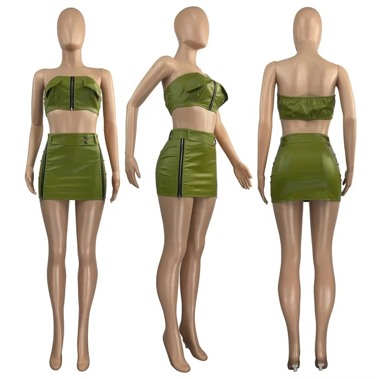 Sexy Dress 2 Two Piece Sets Women Skirt Sleeveless Strapless Crop Zipper Top+Mini Skirts Pu Leather Sets