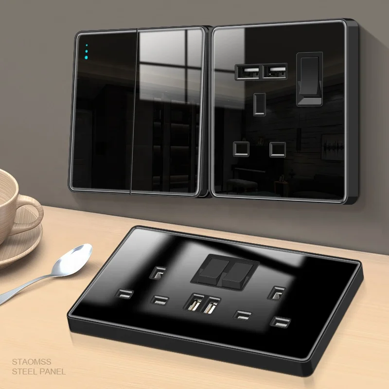 Home luxury wall charging power switch with usb wall outlet, speed switch electrical black glass lamp switch socket button