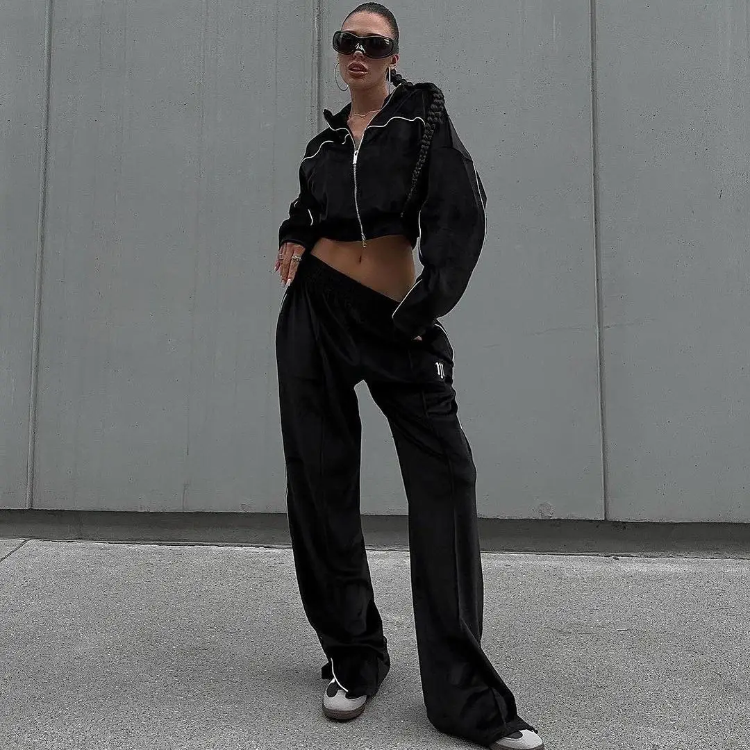 Customize Spring Casual Solid Long Sleeve Split Sweatpants Tracksuit Black Ladies Cropped Top Zipper Hoodie Set Woman Embroidery