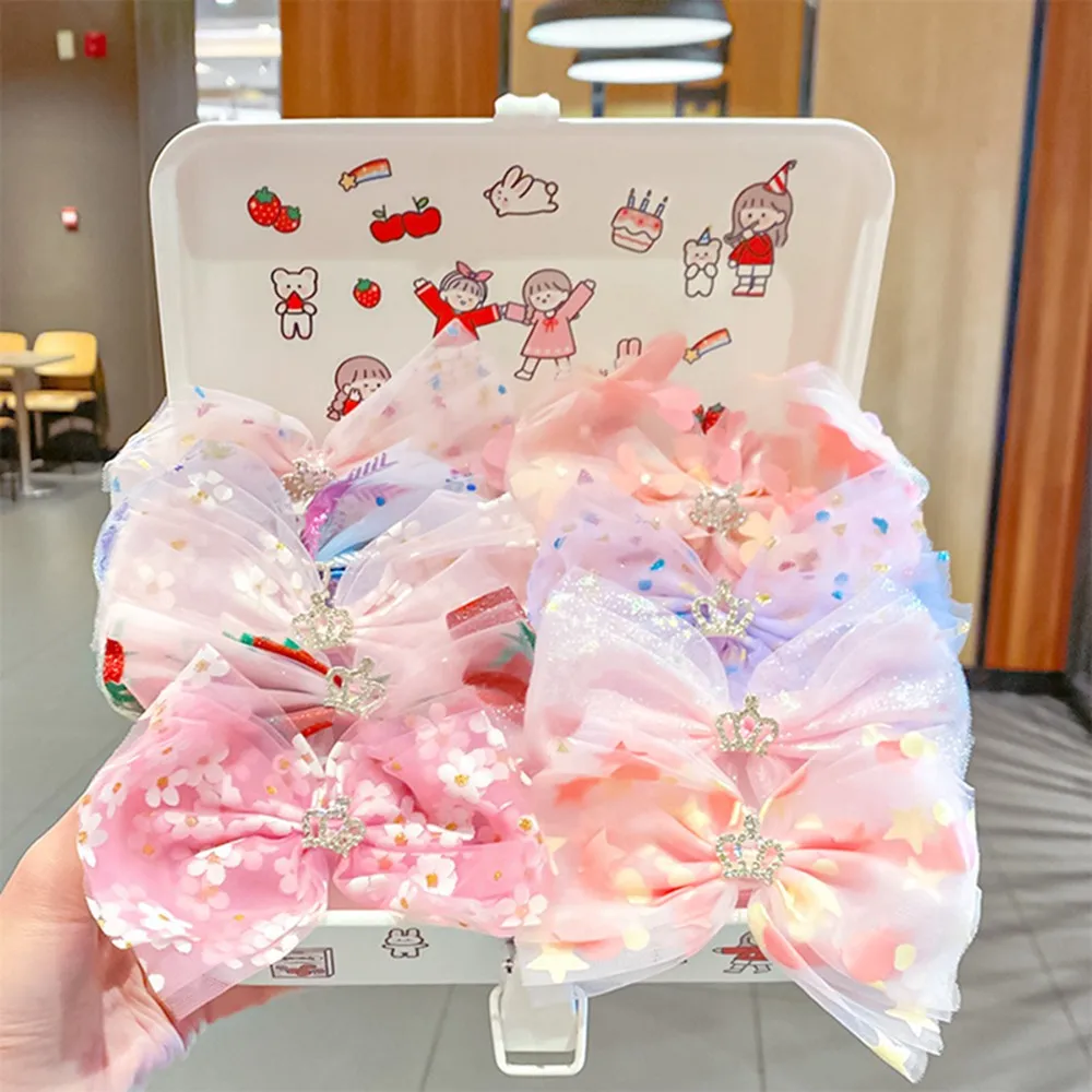 Spring Summer New Girls Cute Print Chiffon Big Bow Crown Hairpins Sweet Headband Hair Clips Barrettes Fashion Hair Accessories