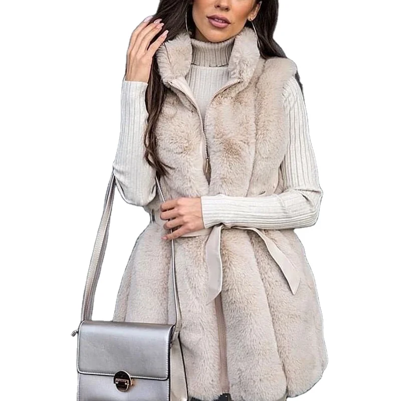 Faux Rabbit Fur Mid Length Fashion Artificial Fur Women Elegant Stand Collar Vests
