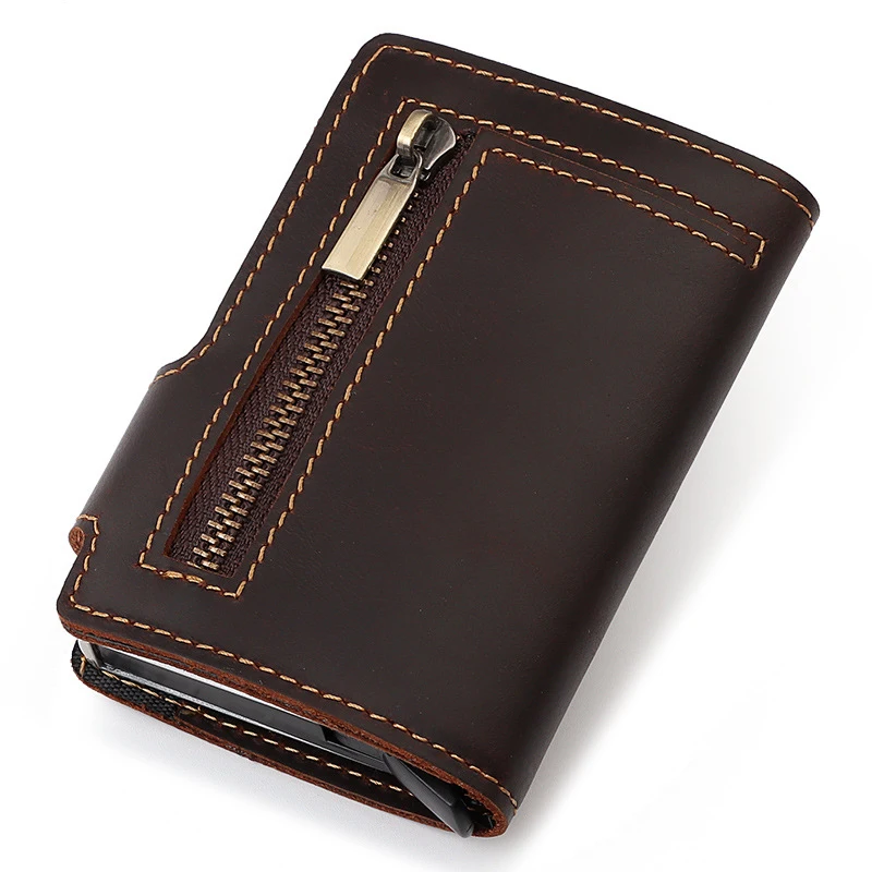 Leather RFID Blocking Pop Up card holder Aluminum Card Case Pull Out Business ID Anti-theft Mens Metal Wallet Card Holder