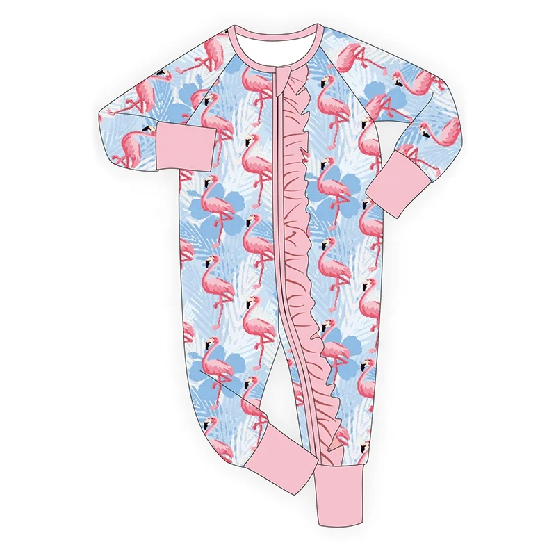 Professional Wholesale Price Custom Infant Baby Girl Romper Jumpsuit with Long Sleeve Ruffles 95% Bamboo and 5% Spandex 2Zippers