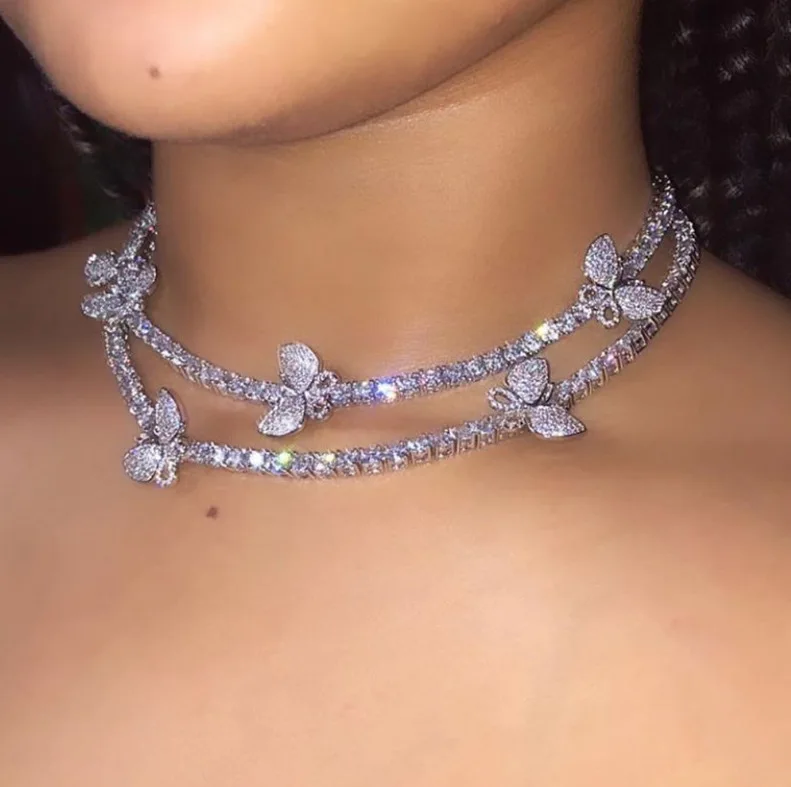 fashion jewelry 2020 Popular Bling iced out tennis chain cubic diamond butterfly Link choker necklace