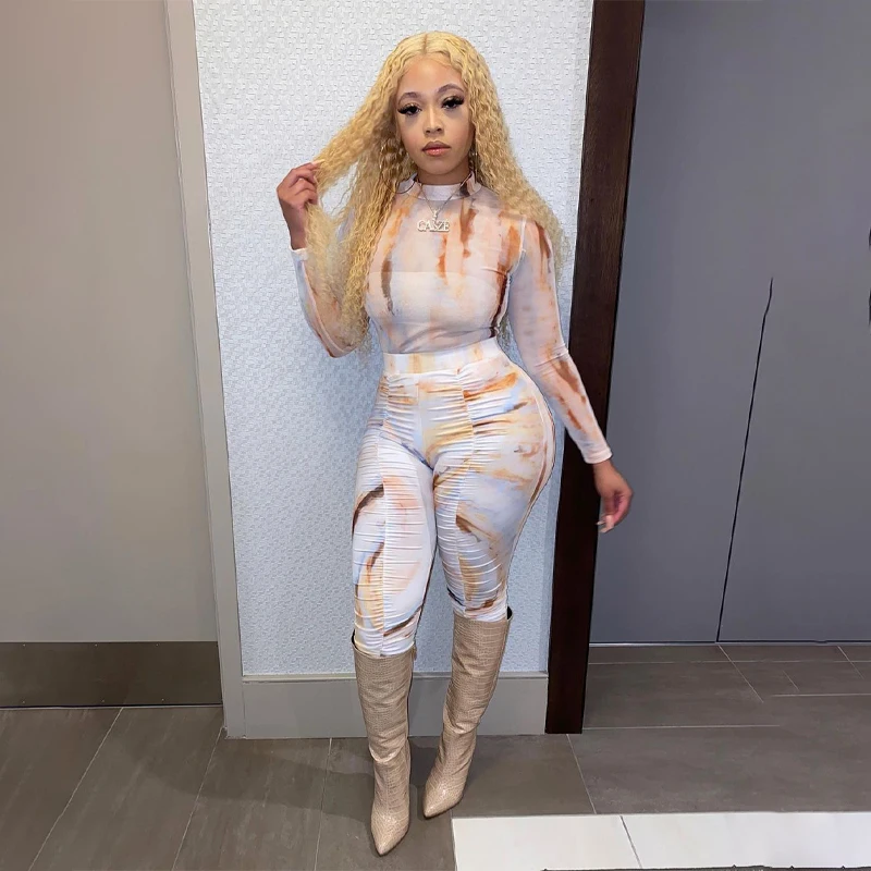 2021 Spring Tie Dye Print O Neck Long Sleeve Mesh Bodysuit Bodycon Leggings Ruched Pants Female Pretty 2 Pieces Set
